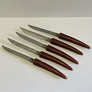 VTG Faux Antlers Faux Wood Bakelite Steak Knives Forgecraft Mid Century MCM x5